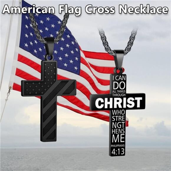Black American Flag Christ Cross Necklace Men Stainless Steel Box Chain 22 inch - Picture 5 of 7
